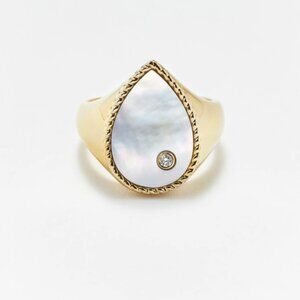 Yvonne Léon 9K Yellow Gold Diamond & Mother of Pearl Pear Signet Ring
